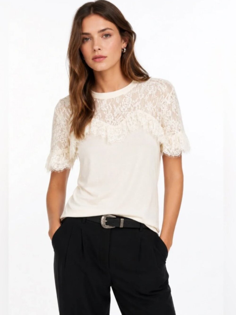 The Kooples Women's 100% Cotton Lace Detail Tee FTSC30009K 0/XS MSRP $180 NWT